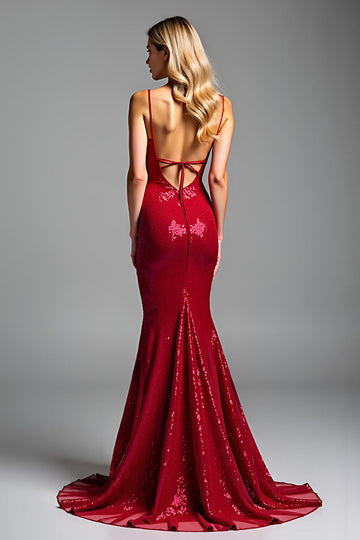 Robe longue de bal longue à bretelles spaghetti à bretelles spaghetti sirène rouge scintillante